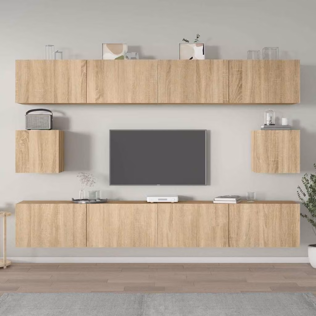 Set di mobili porta TV da 6 pezzi vidaXL in legno MDF color rovere e beige per soggiorno moderno con montaggio a parete