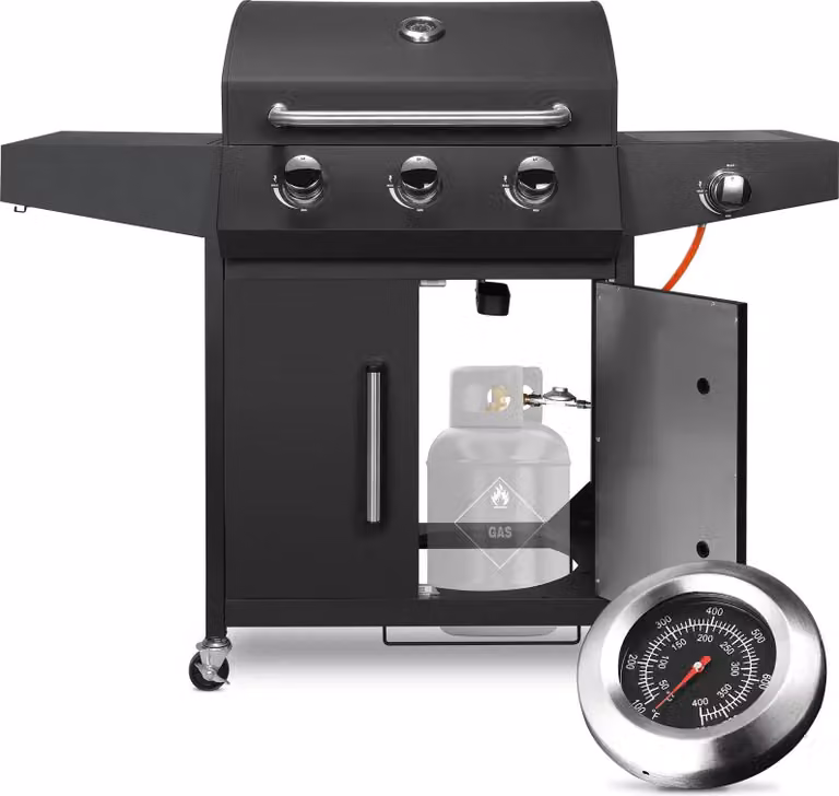 BBQ a gas - 3+1 bruciatori - 24.000 BTU - bruciatore laterale e tavolo laterale - acciaio inox - smaltato in porcellana - modello a carrello - gas naturale - nero