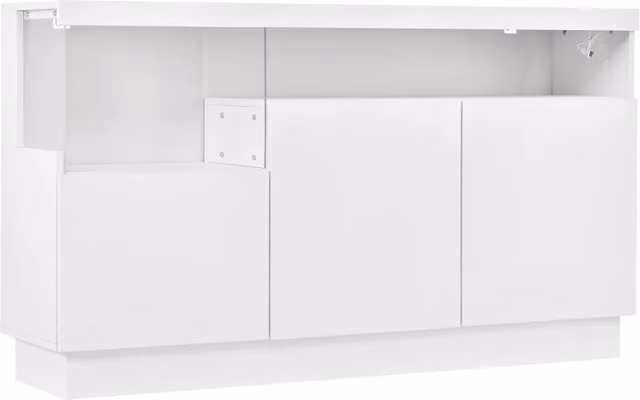 Credenza moderna con 3 ante e illuminazione LED controllabile tramite APP, finitura bianca lucida, L: 140 cm, P: 36 cm, H: 80 cm