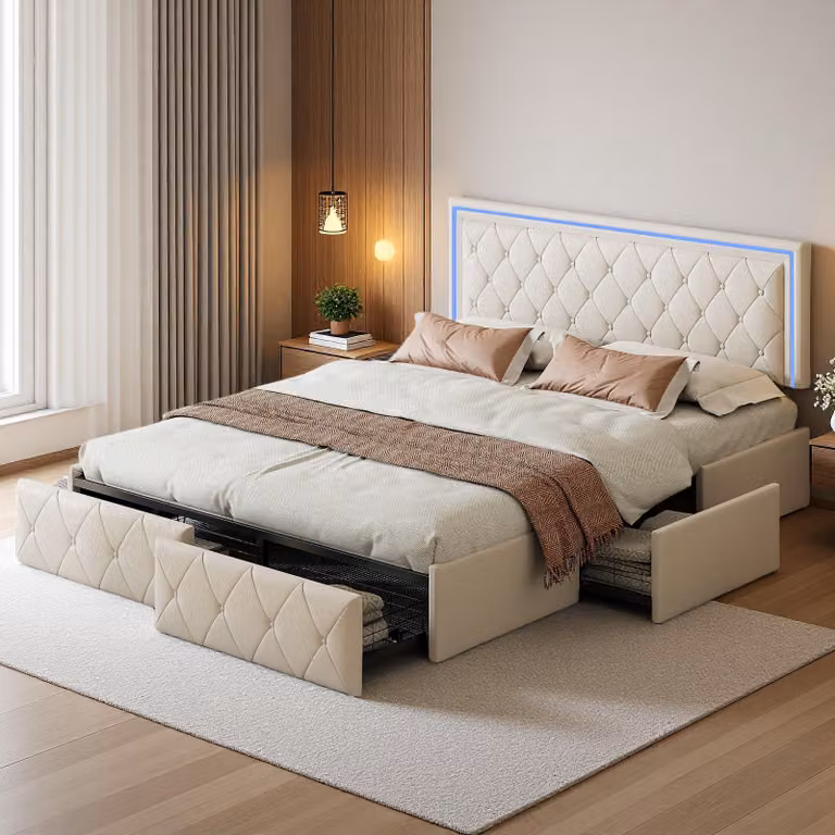 Letto imbottito ProximaX 140x200cm, letto matrimoniale con e 4 cassetti, letto contenitore letto giovanile con rete a doghe e led, letto funzionale letto in legno massiccio, PU, beige