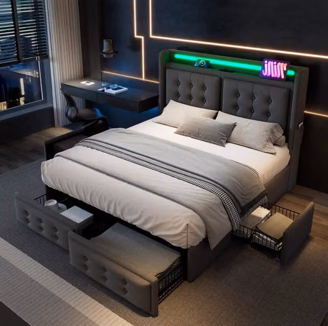 Letto 180x200 cm grigio, rivestimento in cotone e lino con LED e 4 cassetti