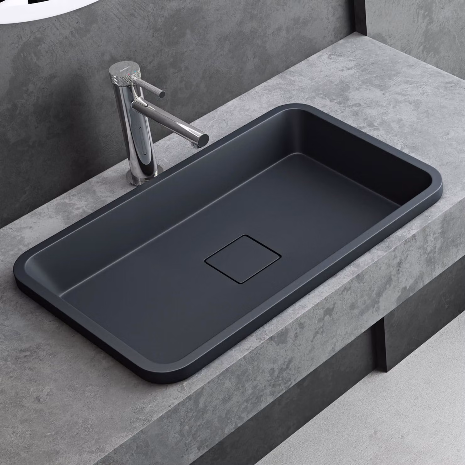 Lavabo in pietra minerale, 53x33x10,5 cm, finitura opaca color antracite, forma rettangolare