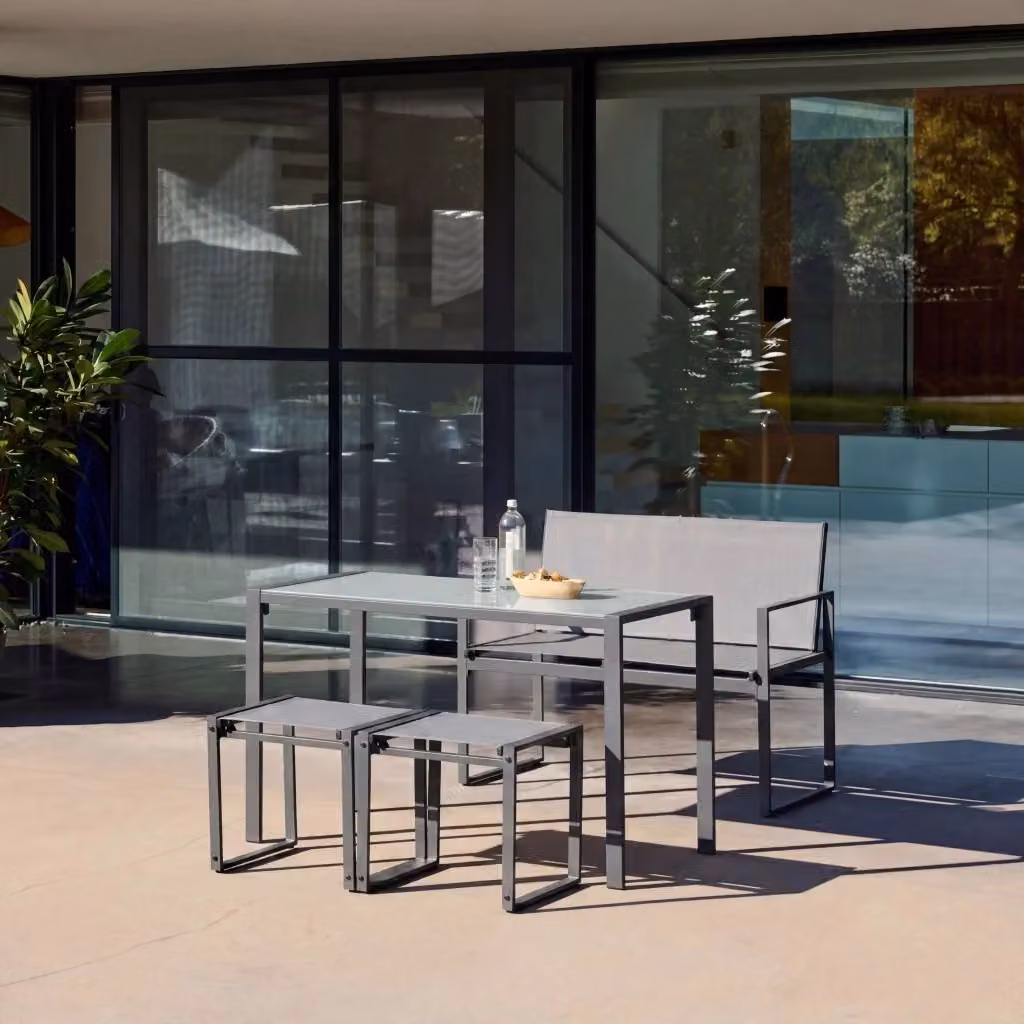 Set tavolo da giardino Sweeek rettangolare in acciaio verniciato e vetro con 4 sedie colore grigio – 2
