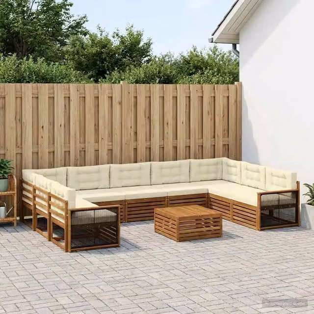Set di divani da esterno vidaXL in legno di acacia con cuscini, colore beige e bianco, design moderno a forma di L per giardino e terrazza
