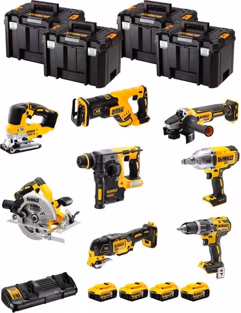 Kit DeWALT DCK865P4T con 7 utensili a batteria, 4 batterie da 5,0Ah e sistema di contenimento TSTAK VI, Giallo