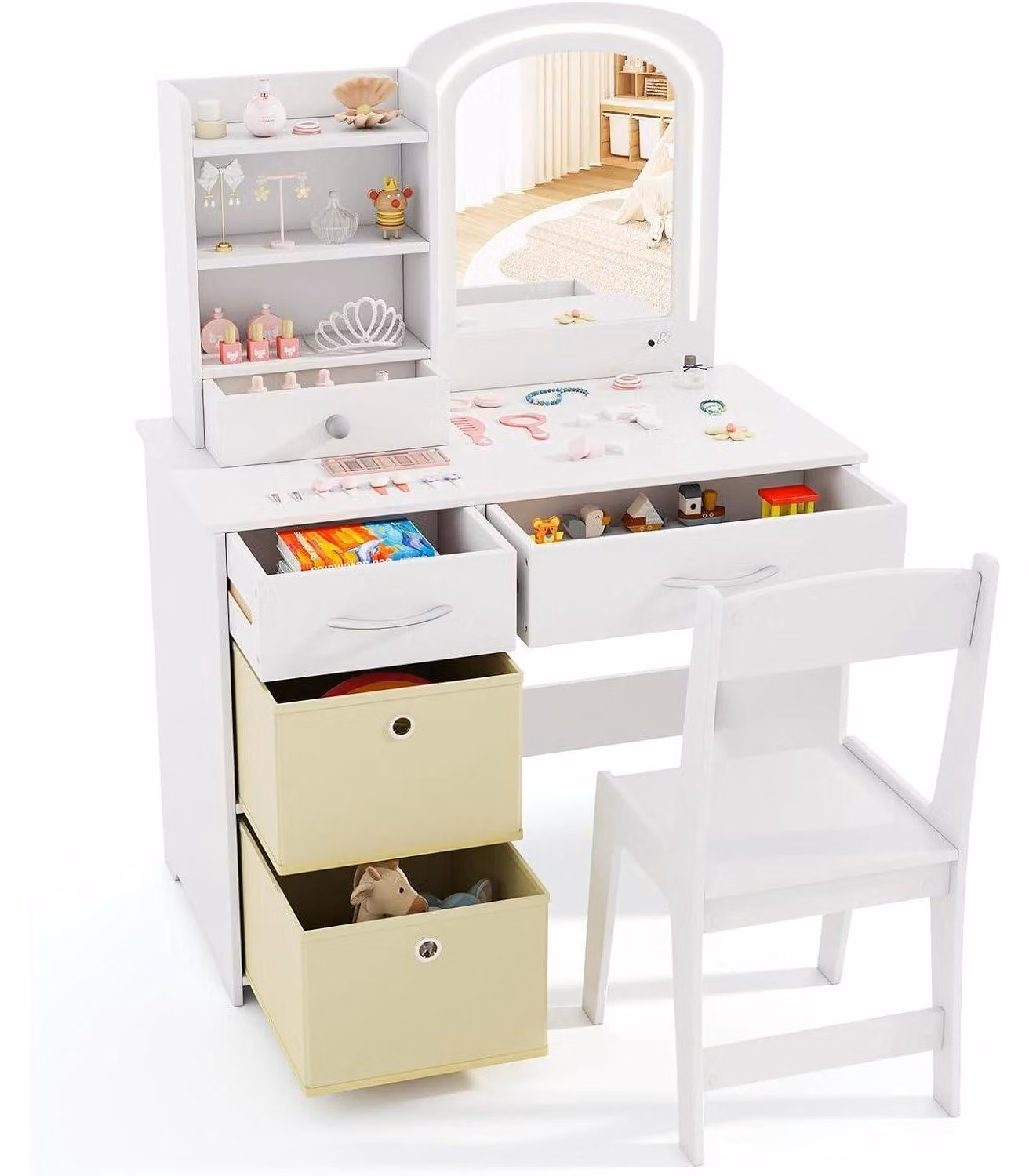 Comò da trucco per bambini con luci LED e 5 cassetti, tavolino da trucco a forma di principessa in legno, bianco
