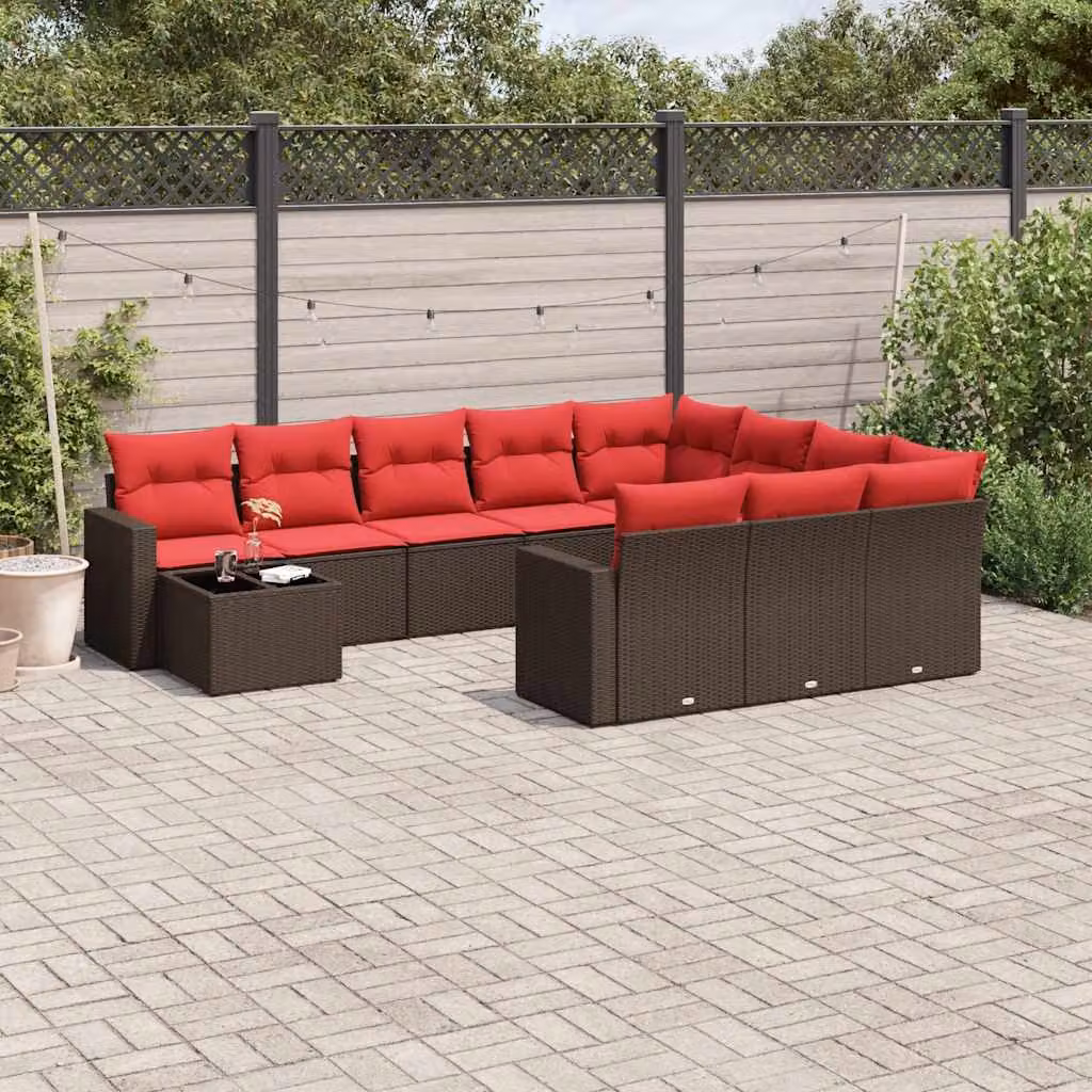 Set Divani da Giardino vidaXL 11 pz a Forma a L con Cuscini Marroni e Tavolino in Polyrattan e Metallo