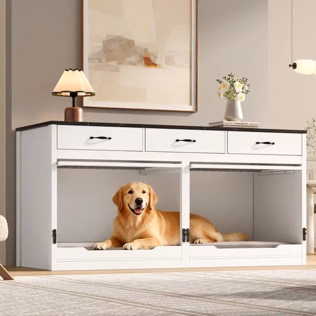 Cuccia per cani REDOM in MDF e metallo, Bianco e Nero, L: 164 cm, P: 60 cm, H: 81 cm
