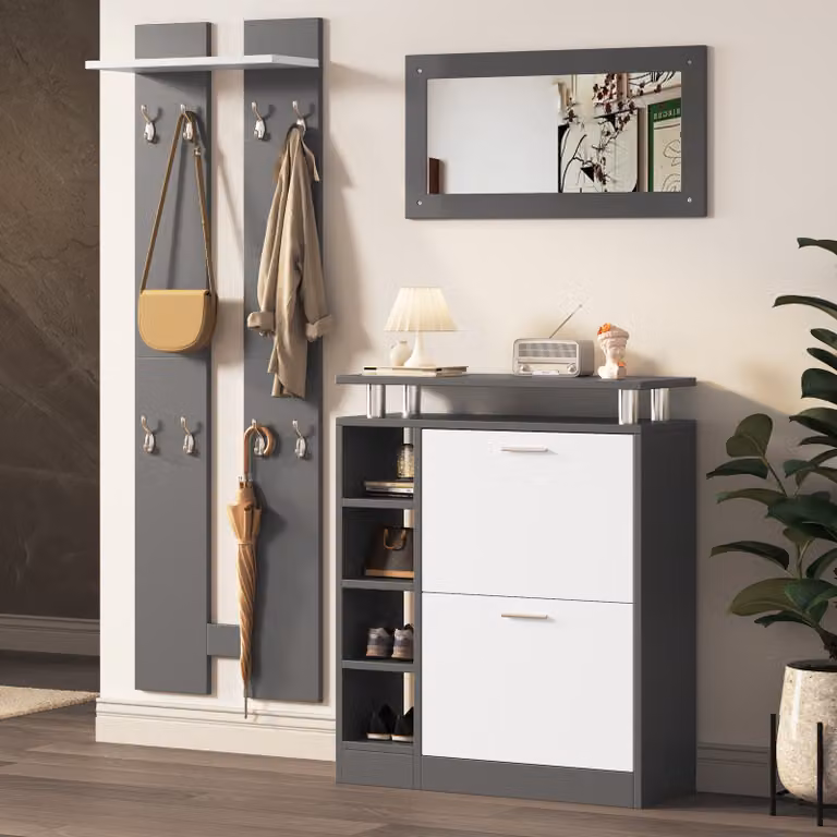 STILVORA, Set armadio completo con pensile, scaffalatura e mobiletto scarpe. Set appendiabiti a parete con specchio e 2 pannelli, dimensioni 80 x 25 x 96,5 cm. Mobiletto per scarpe, colore grigio e bianco