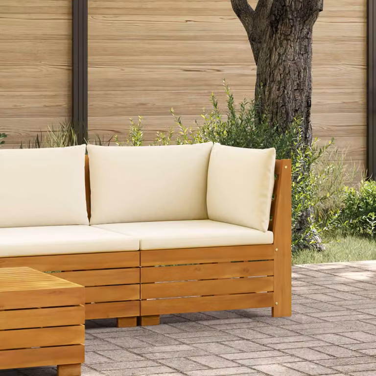 vidaXL Divano angolare da giardino moderno in legno di acacia massello con cuscini beige e marroni