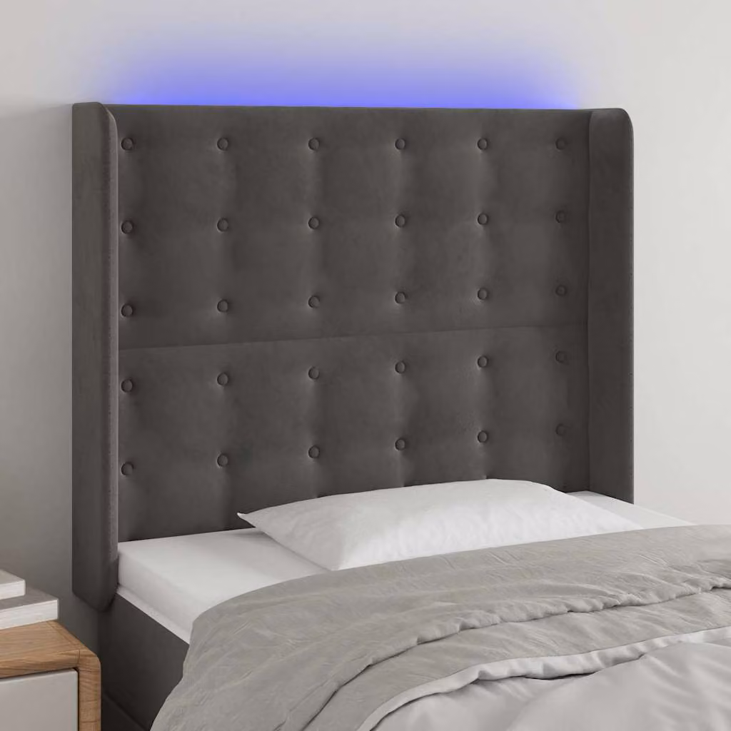 Testiera per letto vidaXL in velluto grigio con illuminazione LED e porta di ricarica USB, L/P/H: 93 x 16 x 118/128 cm