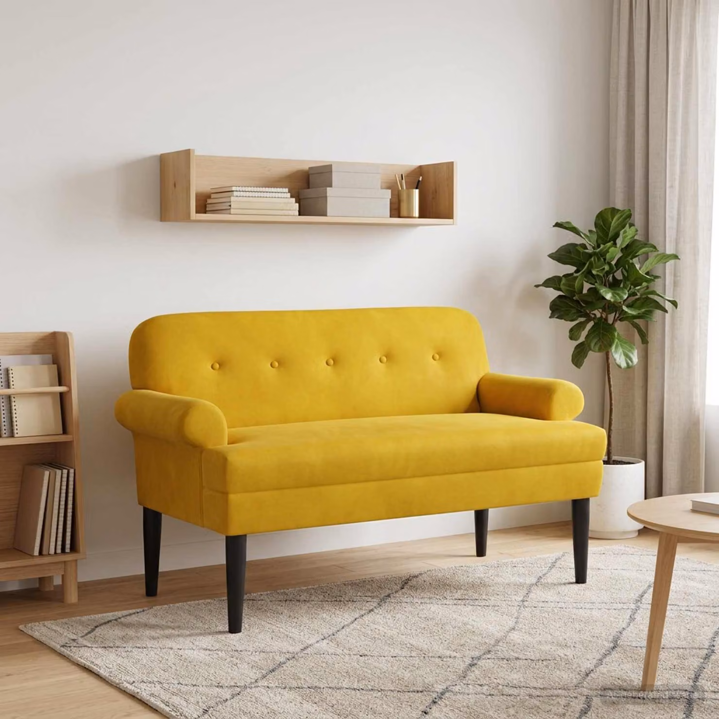 Loveseat vidaXL in velluto giallo con bottoni imbottiti, L: 120 cm, P: 66 cm, H: 78 cm