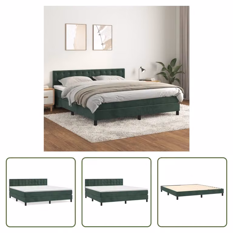 The Living Store Letto a molle con materasso verde scuro 160x200 cm in velluto