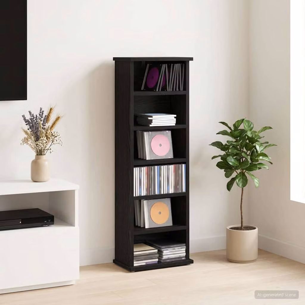 Mobile per CD vidaXL Rovere Nero in Legno Ingegnerizzato con Ripiani Regolabili L: 60 cm, P: 17 cm, H: 92 cm