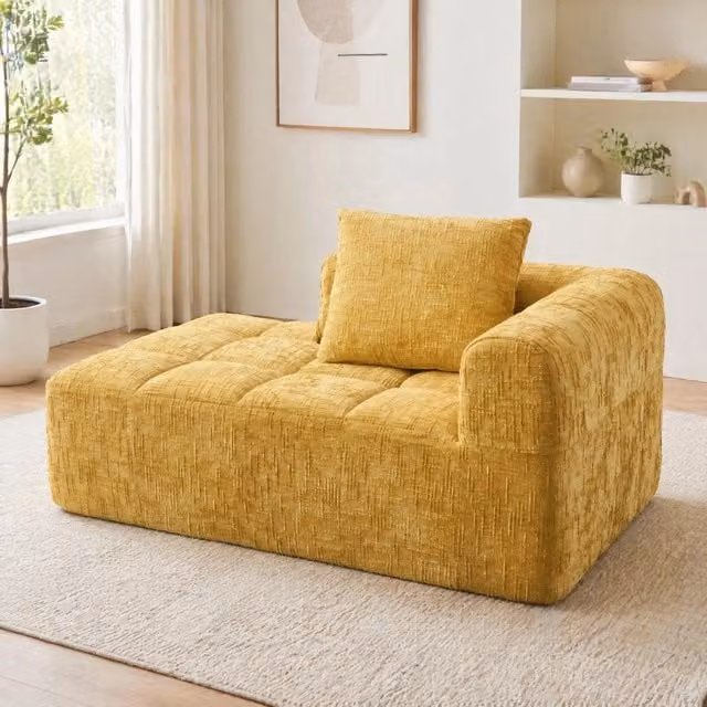 Divano Chaise Longue Moderno REDOM in Tessuto Giallo con Cuscini L/P/H: 158 x 90 x 60 cm