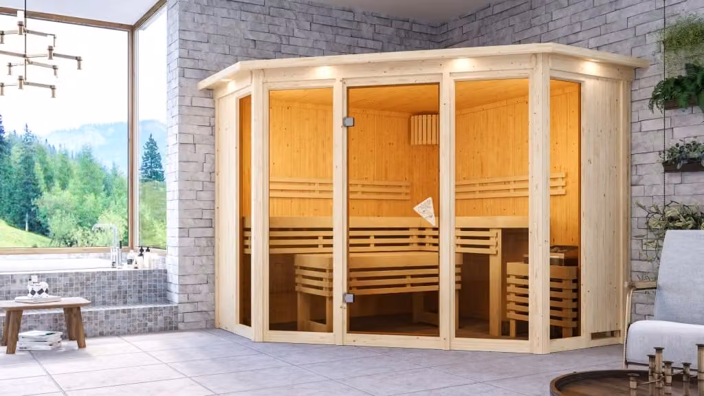Sauna Alcinda: con luminosa sul soffitto: 9 kW, forno + sistema di controllo integrato. luminosa sul soffitto: con luminosa. Forno per sauna: 9 kW, forno + sistema di controllo integrato