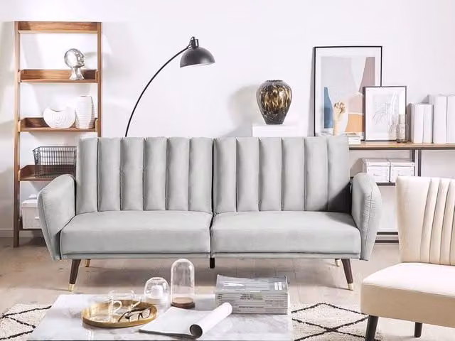 Divano Letto Click Clack Beliani in Velluto Grigio con Struttura in Legno di Gomma e Poggiatesta Regolabile per Soggiorno e Camera da Letto L: 212 cm, P: 80 cm, H: 90 cm