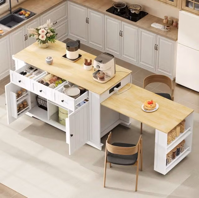 Isola cucina ULEVR 138(213)x55x93 cm con tavolo estraibile, prese USB, 2 ante e 2 cassetti, bianco naturale