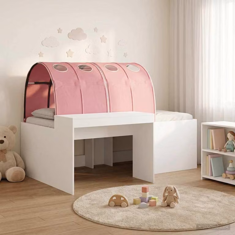 Letto a soppalco esclusivo con scrivania per bambini, confezione da 3 pezzi, bianco e rosa
