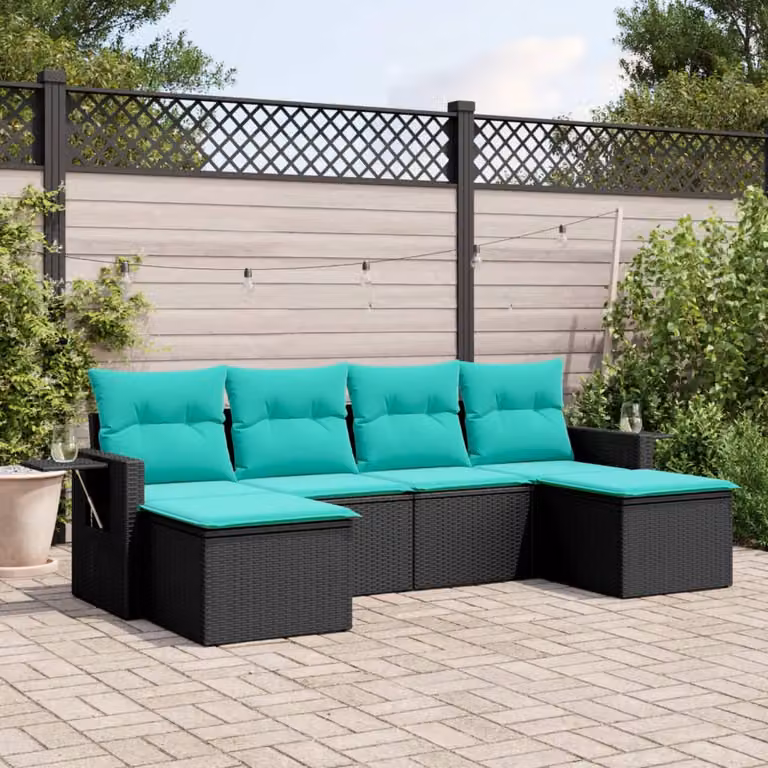 Set di divani da giardino vidaXL in polyrattan nero con cuscini, componibile a L per esterno