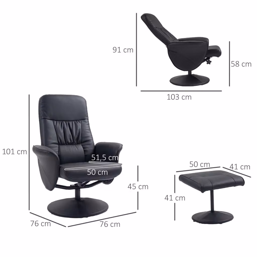 Poltrona relax girevole WISHDOR con ottomano, sedia TV reclinabile in similpelle nera con struttura in metallo – 2