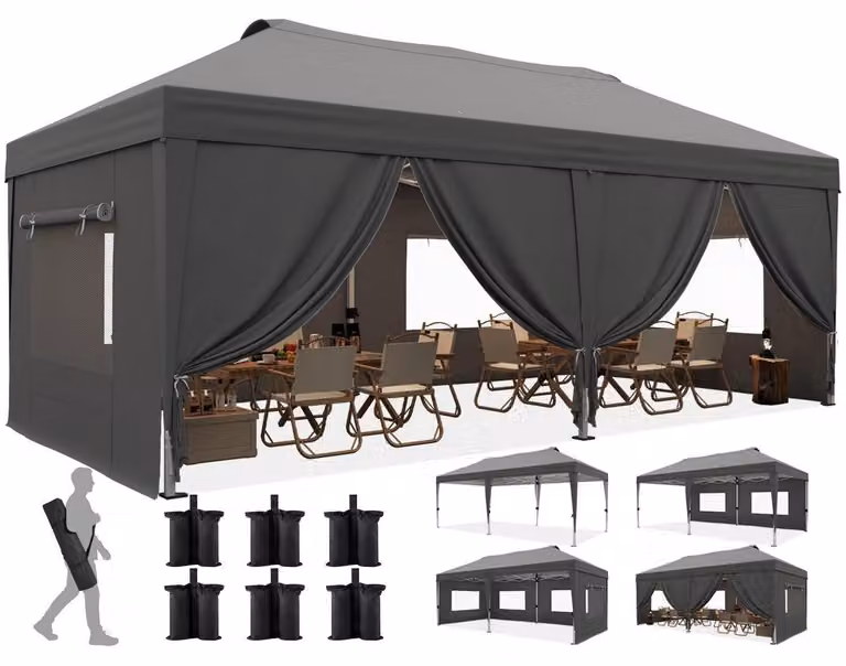 Tenda da giardino 3x6 metri, impermeabile, con pareti laterali, protezione UV 50+, colore grigio, zanzariera integrata, struttura in acciaio