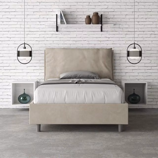 Letto imbottito Ityhome in microfibra color sabbia con rete inclusa L/P/H: 110 x 202 x 125 cm