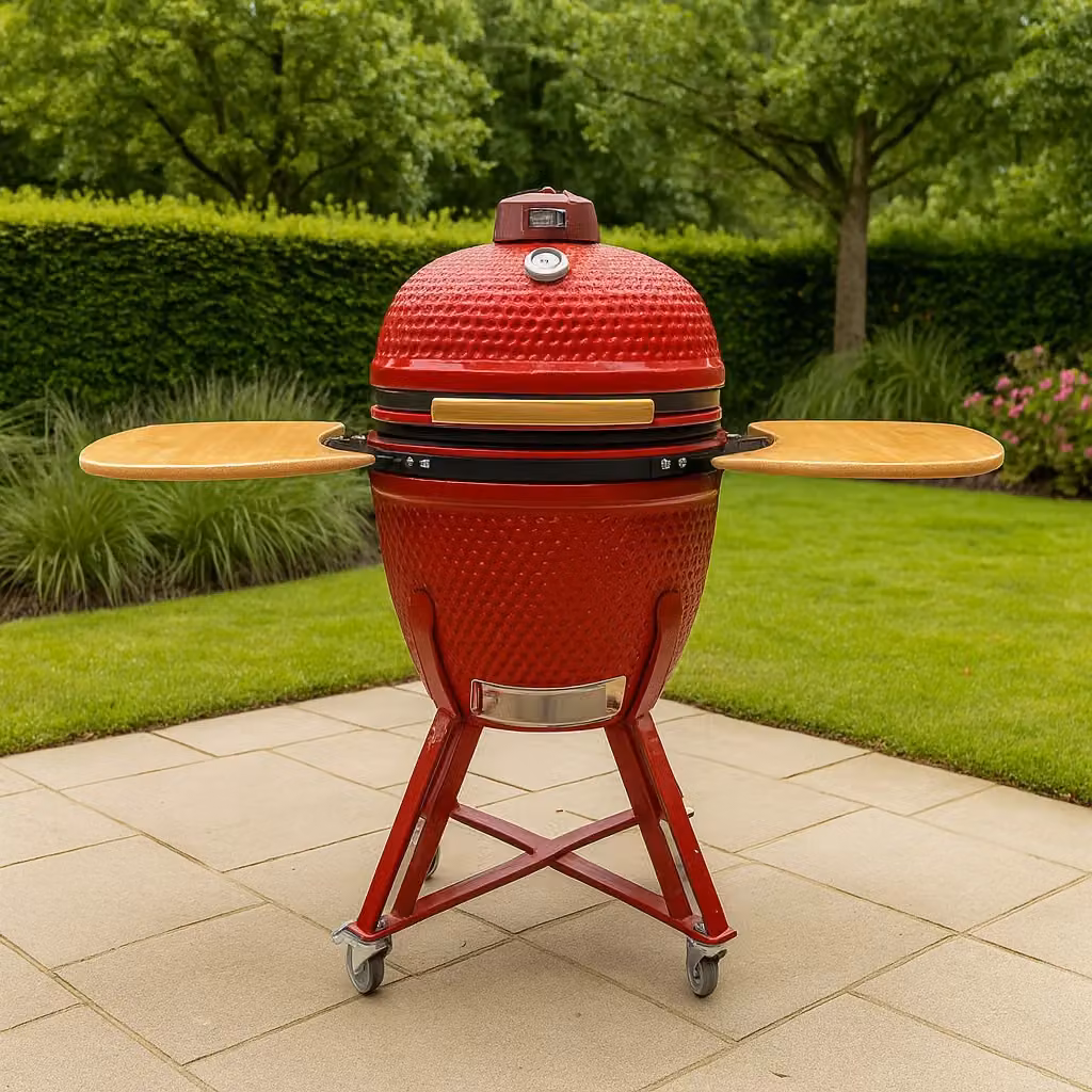 Kamado Barbecue a Carbone Rosso con Termometro e Ruote in Ceramica e Acciaio Inox – 2