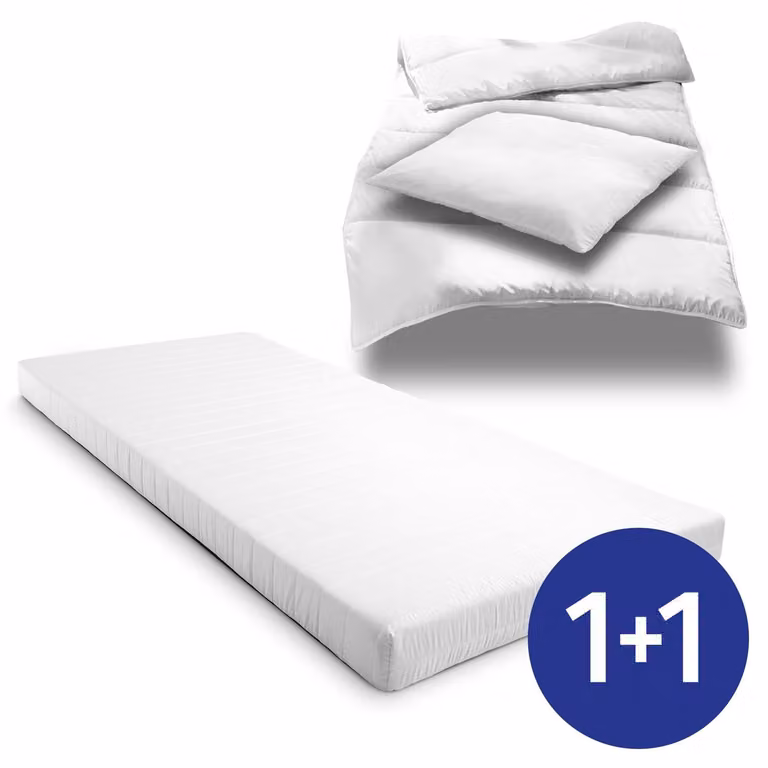 Materasso in schiuma comfort K10 90 x 200 cm, altezza 10 cm, grado di rigidità H3 + set da letto in microfibra CloudComfort Basic 135 x 200 cm + 80 x 80 cm