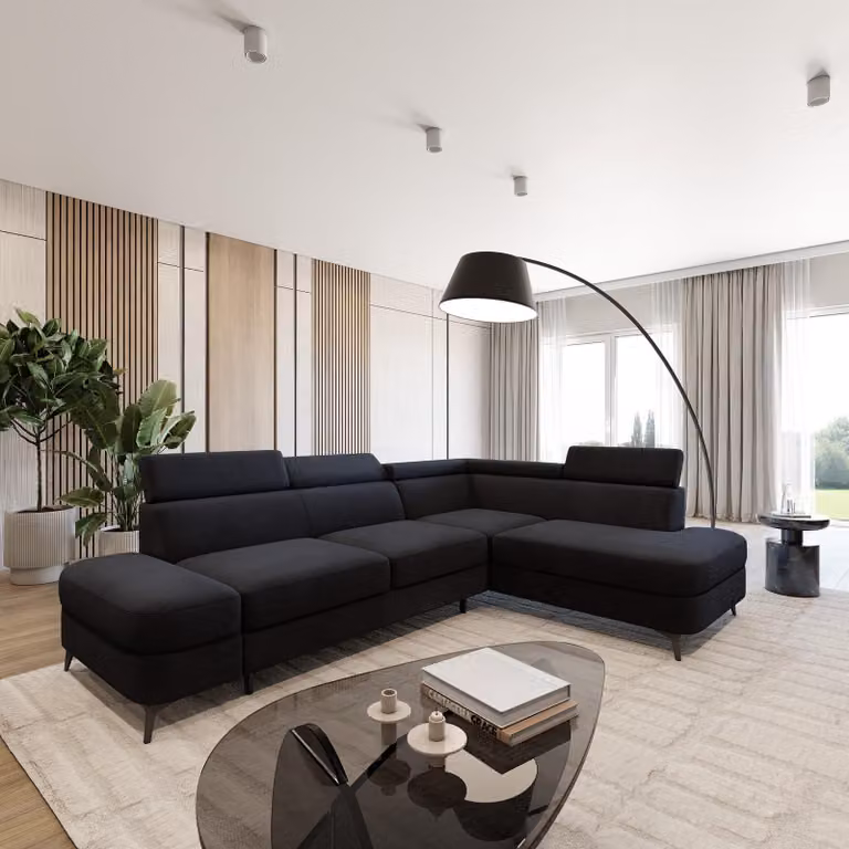 Divano ad angolo Masseno AVISE MV R-S con funzione letto a L, divano con contenitore, divano da salotto, divano, divano letto, set divani - Nero, MATT VELVET 99