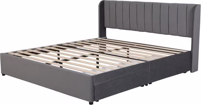 Letto imbottito 180x200 cm in velluto grigio con rete a doghe, testiera e 2 cassetti