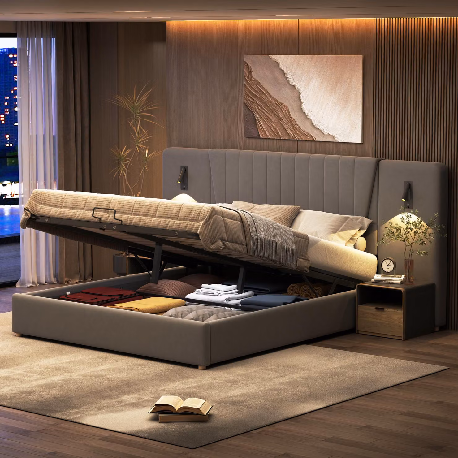 Letto imbottito idraulico Merax, 180x200 cm, con lampade da lettura a LED, letto matrimoniale con porta USB, letto contenitore con schienale extra-lungo, in velluto, colore grigio