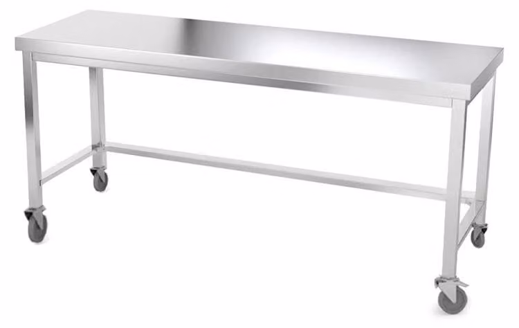 Tavolo da lavoro in acciaio inossidabile, dimensioni 1800 x 600 mm, con struttura rinforzata e montato su ruote, modello PREMIUM - GOLDINOX