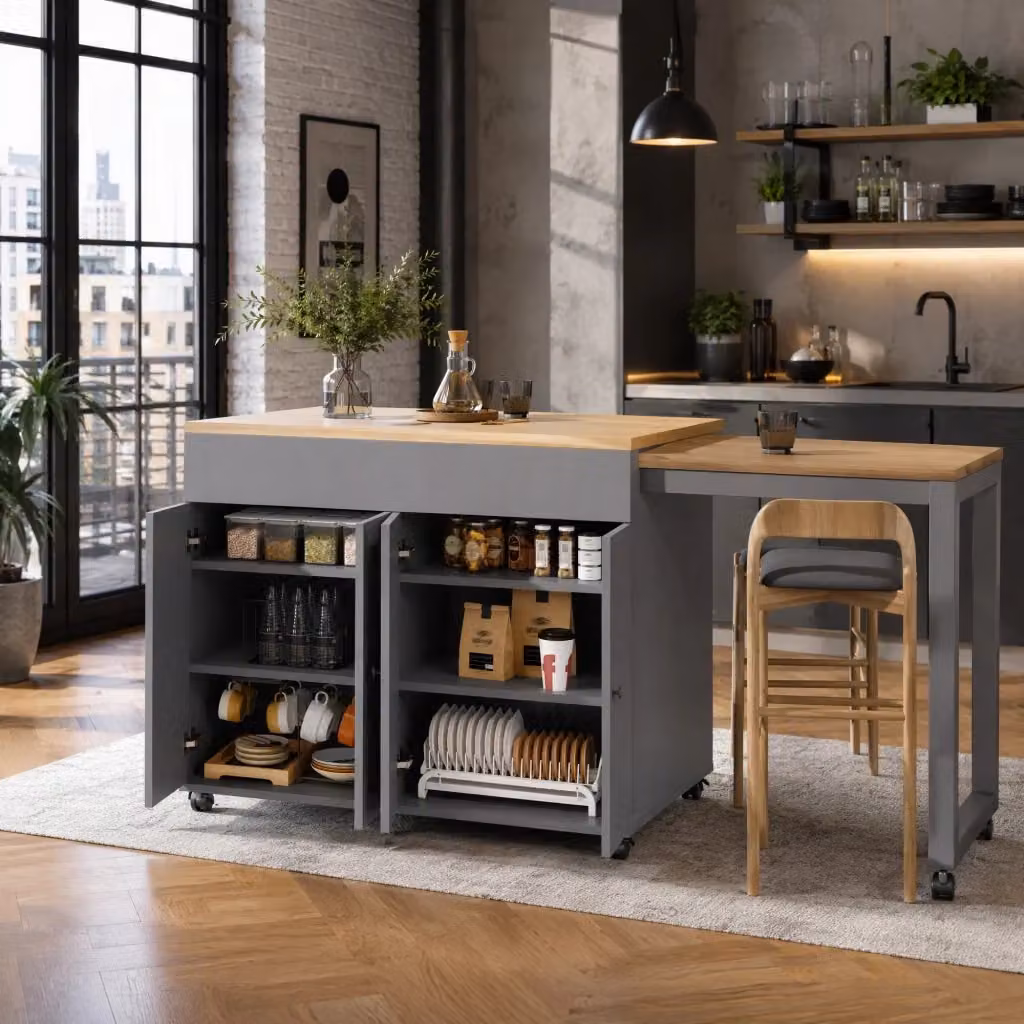 Tavolo Bar Allungabile REDOM Grigio in MDF con Piano Rettangolare L: 117-180 cm, P: 50 cm, H: 94,6 cm – 2