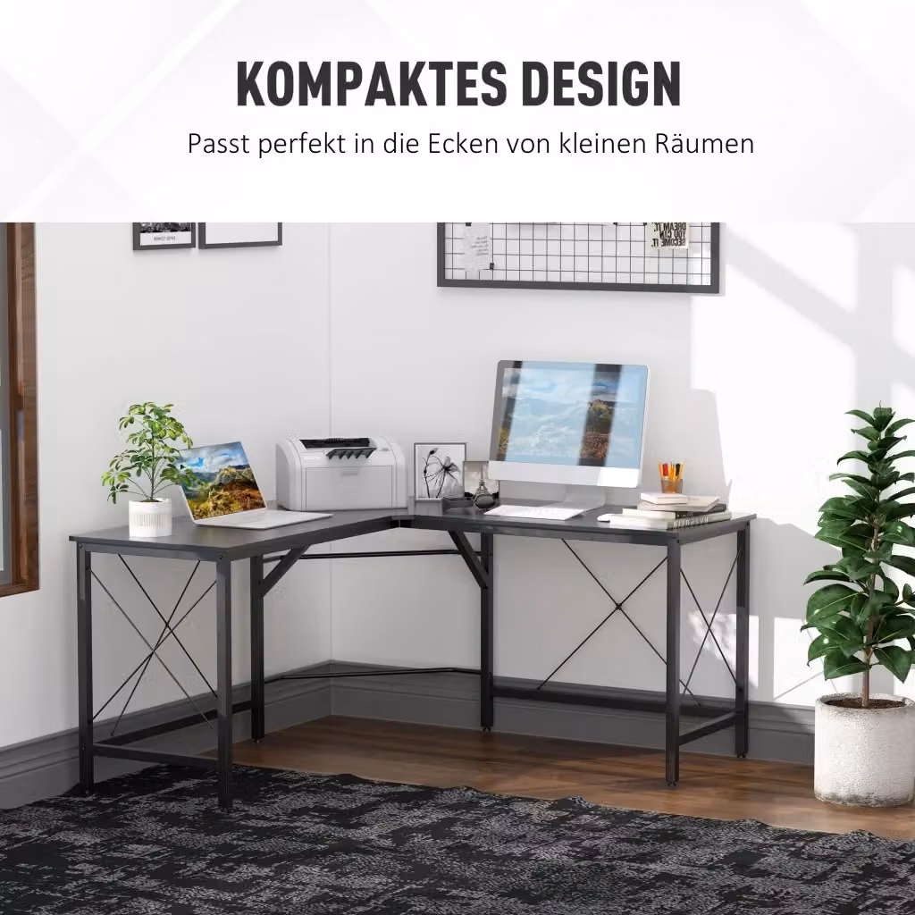Scrivania angolare a L OKWISH in MDF e metallo nera per ufficio e home office, L/P/H: 150 x 150 x 76 cm – 2