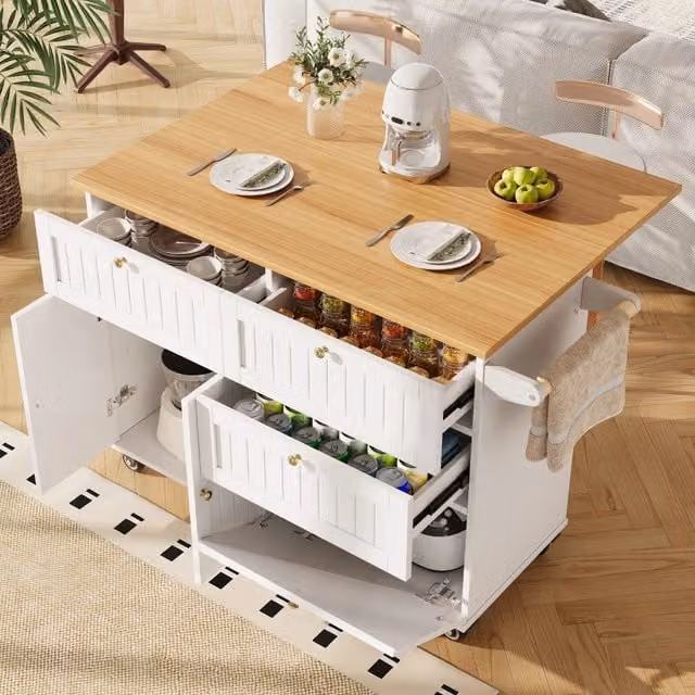 Carrello da cucina con ripiani, ruote e piedini regolabili, anta a ribalta frenata, per cucina e soggiorno, in MDF bianco