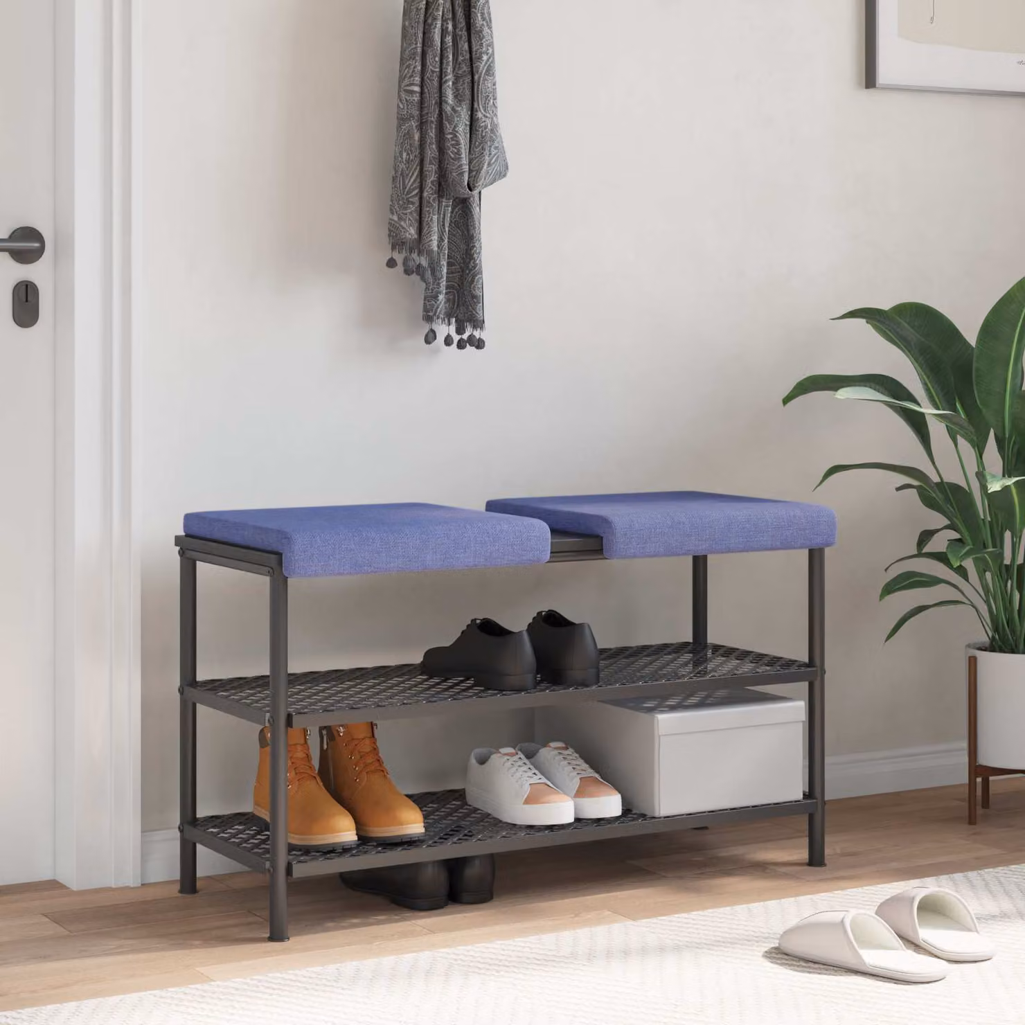 Set di 2 cuscini per panchina vidaXL in tessuto blu, forma rettangolare con base antiscivolo, L 40 cm x P 35 cm x H 3,5 cm