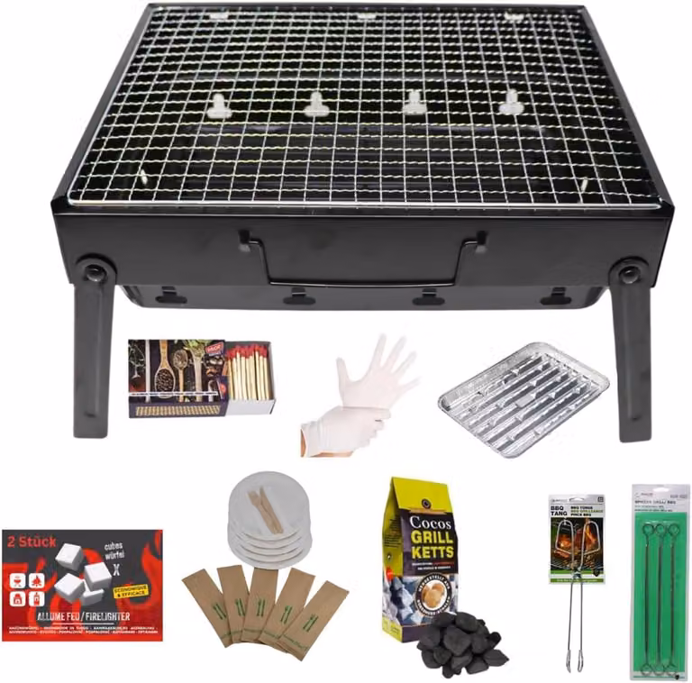 Set per barbecue portatile, griglia a carbone con contenitore per la cenere e accessori, ideale per il campeggio