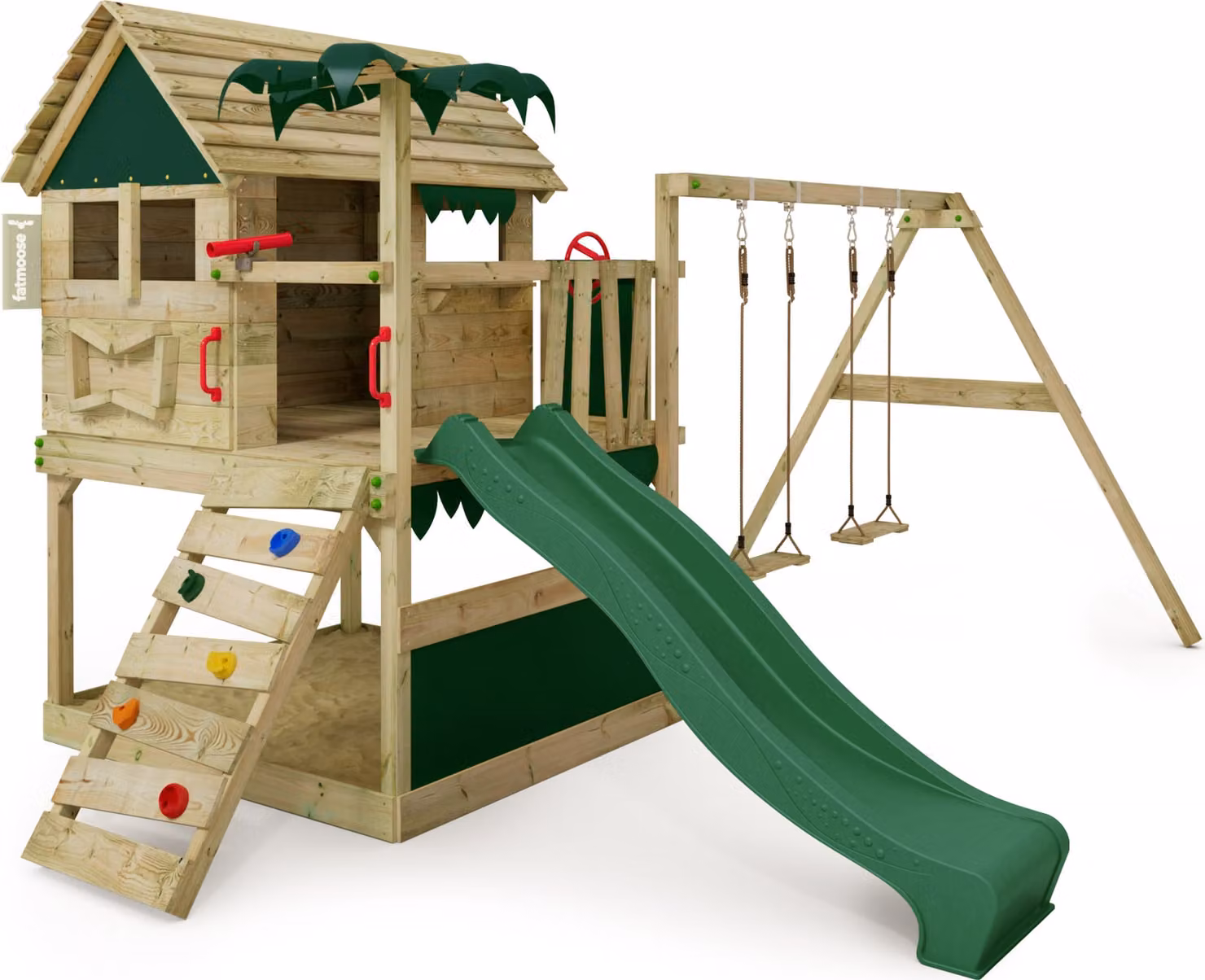 Fatmoose TikaTaka Town XXL: struttura per arrampicata con altalena e scivolo, colore verde