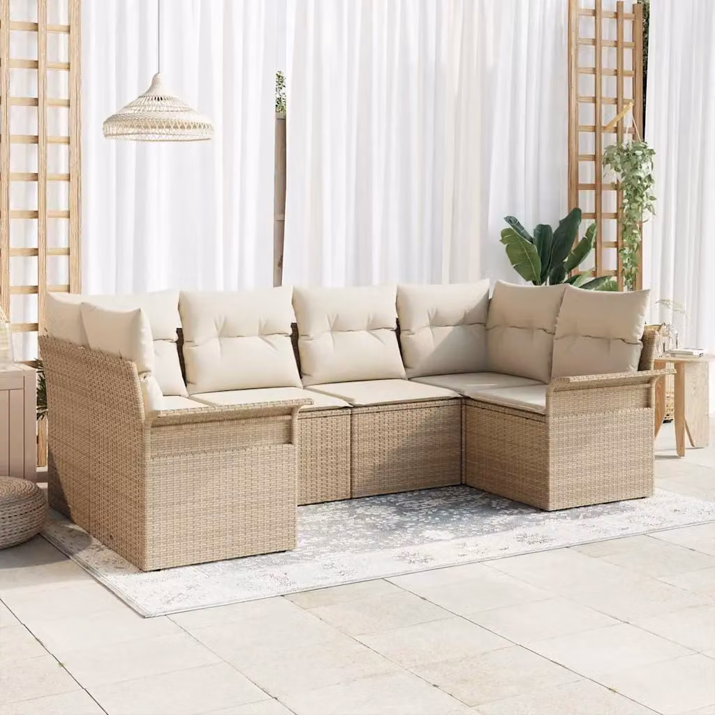 Set Divano da Giardino vidaXL 6 Pezzi a Forma di L in Polyrattan Beige con Cuscini Imbottiti e Struttura in Acciaio Verniciato a Polvere