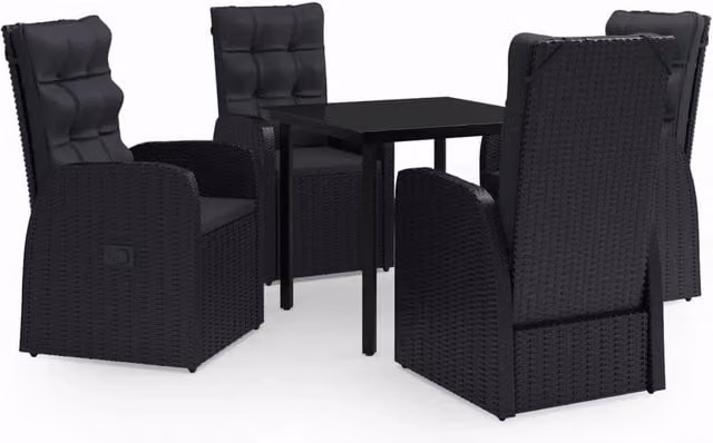 Set da pranzo da esterno Outsunny nero con tavolo quadrato in vetro e 5 sedie con cuscini in stile moderno