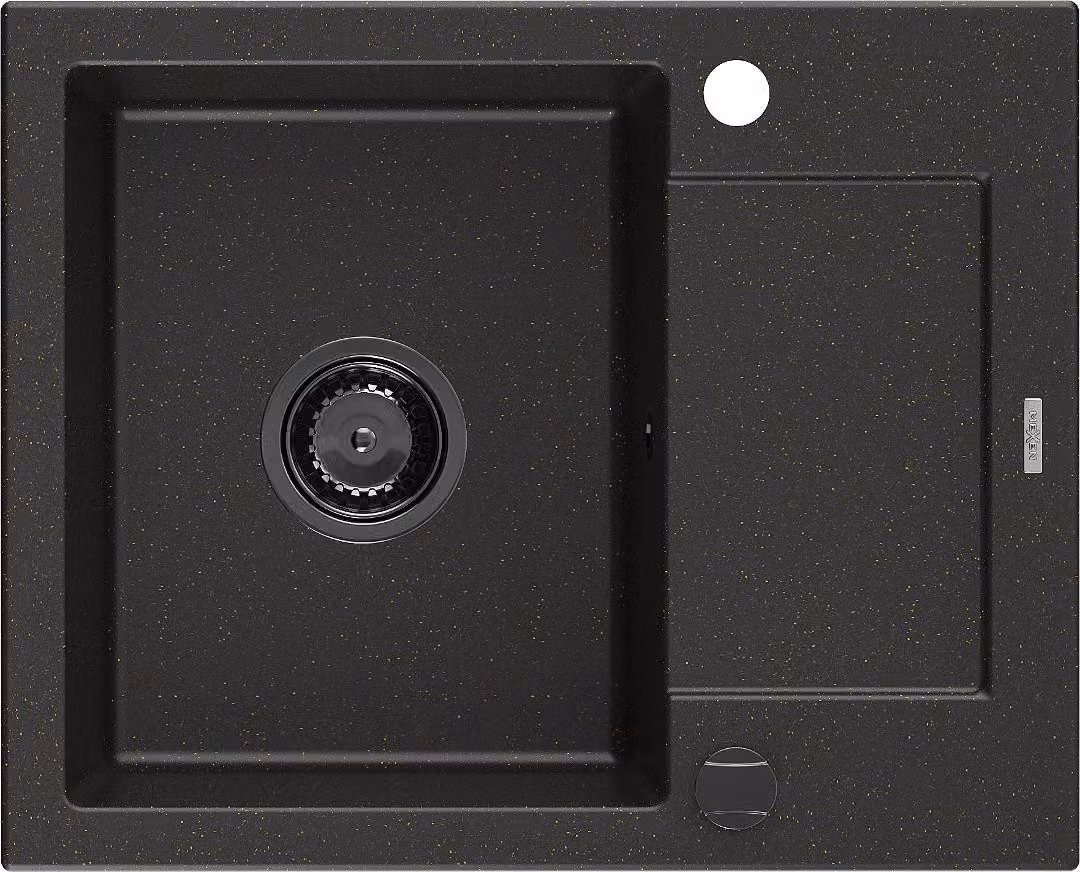 Mexen Enzo lavello in granito 1-vasca con sgocciolatoio 576 x 465 mm, nero/oro metallico, sifone nero - 6506571005-75-B