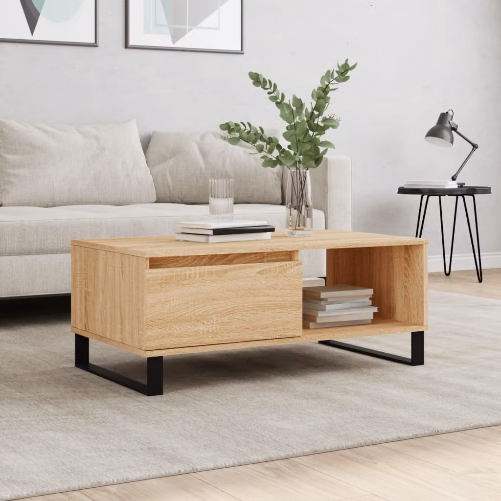 Tavolino da salotto moderno vidaXL in legno e metallo color rovere, L 90 x P 50 x H 36,5 cm