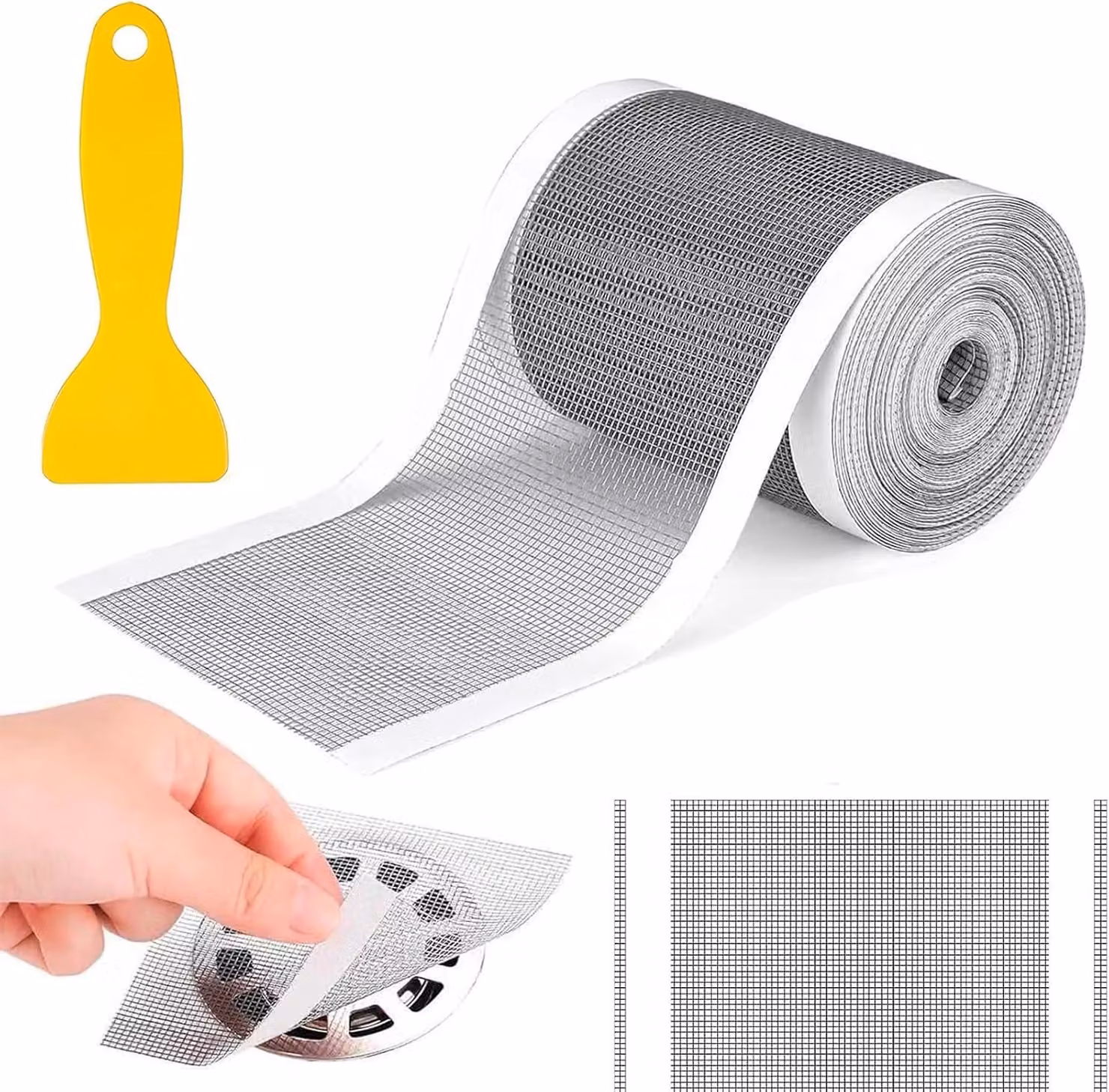 Scarico – Filtro per capelli monouso – 10 cm x 10 m – Griglia filtrante per capelli per doccia – Scarico per doccia – Adesivo in rete con spatola in plastica – Accessorio per la pulizia della casa