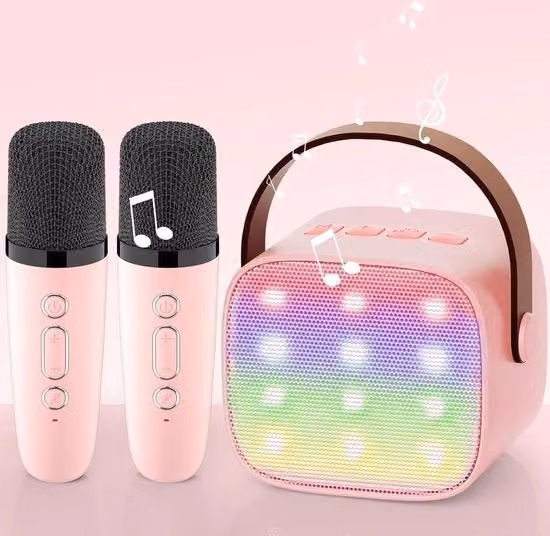Set di Karaoke Portatile con Bluetooth, 2 Microfoni, Effetti di Modulazione del Suono e Illuminazione LED, Colore Rosa