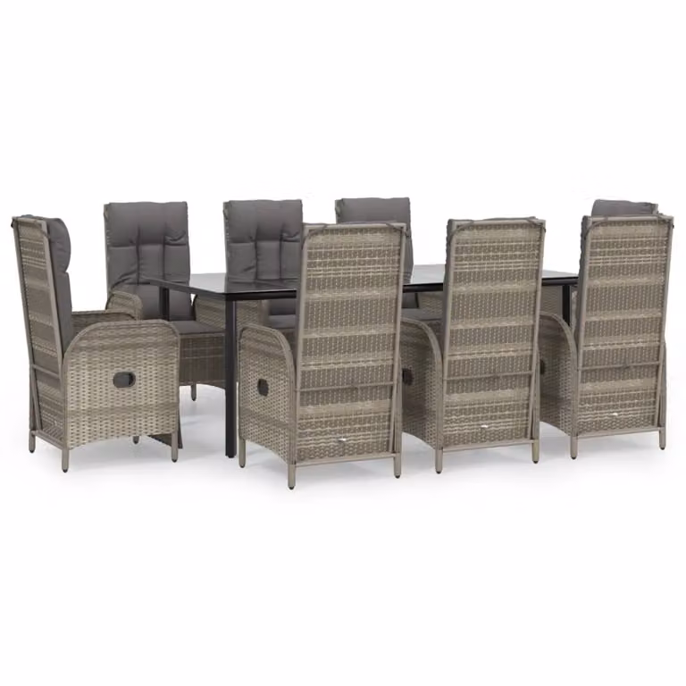 Set da Pranzo Giardino 9pz con Cuscini Nero e Grigio Polyrattan