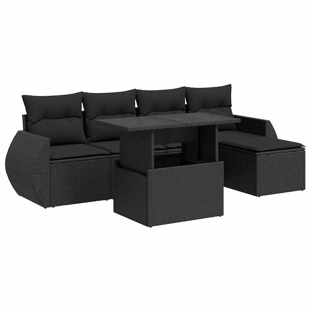 Set Divano da Giardino 6 pz con Cuscini Nero in Polyrattan