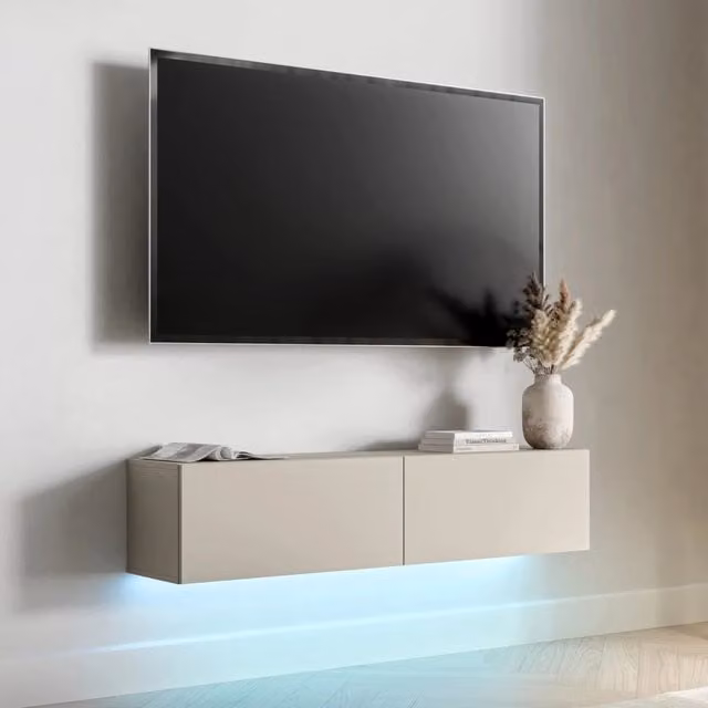 Mobile porta TV moderno DMORA Mocogno con un ripiano e illuminazione integrata, Beige, L 144 x P 32 x H 32 cm