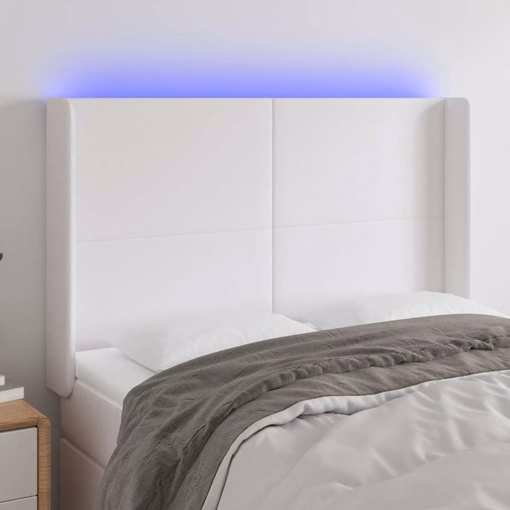 Testiera per letto vidaXL in similpelle bianca con illuminazione LED e porta di ricarica USB, L: 147 cm, P: 16 cm, H: 118/128 cm