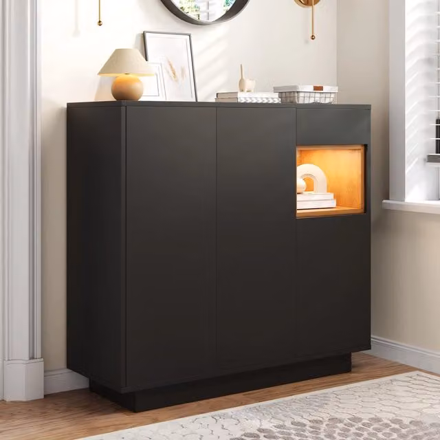 Scarpiera moderna con illuminazione integrata e ante soft-close, nero e marrone, L: 105 cm, P: 39,5 cm, H: 100,5 cm
